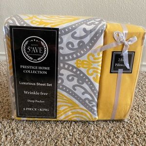 6 piece Grey and Yellow Patterned King Size Sheets. Brand new